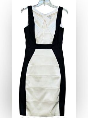 Cache Black and White Paneled Midi Dress